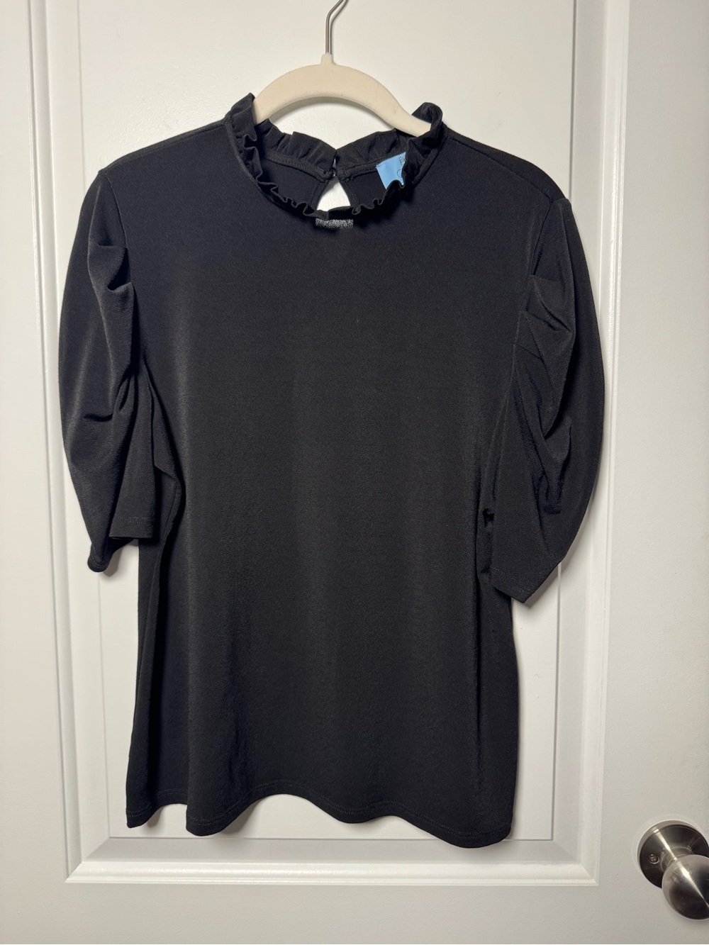CeCe Black Ruffle Mock Neck Puff Sleeve Blouse Size Medium